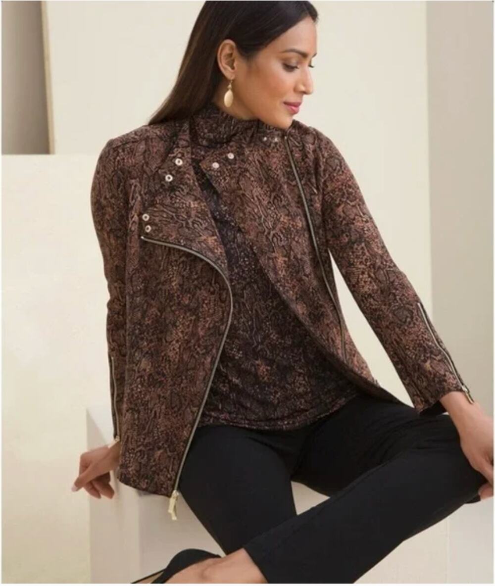 CHICO's Easy Chic Bonded Python Print Asymmetrical Moto Blazer Jacket // 12 -14